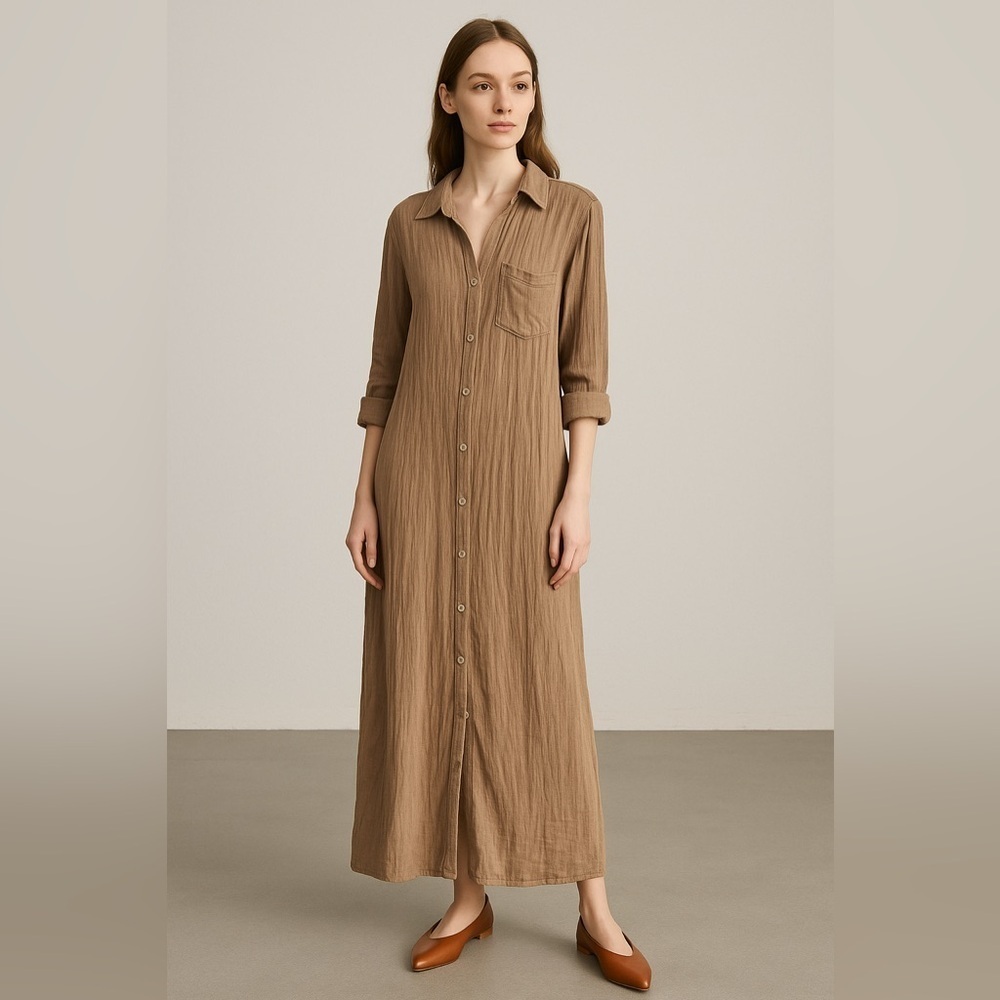 Free People Cotton Tan Button-Front Maxi Shirt Dress Size S - Picture 7 of 7